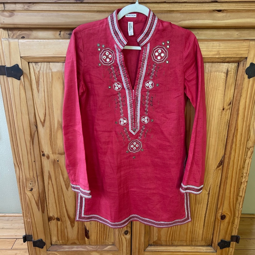 Old Navy Perfect Fit Linen Tunic Top Pink Embroidered Women Small